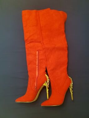 Shoe Dazzle Red Faux Suede Over-the-Knee Boots with Gold Heel